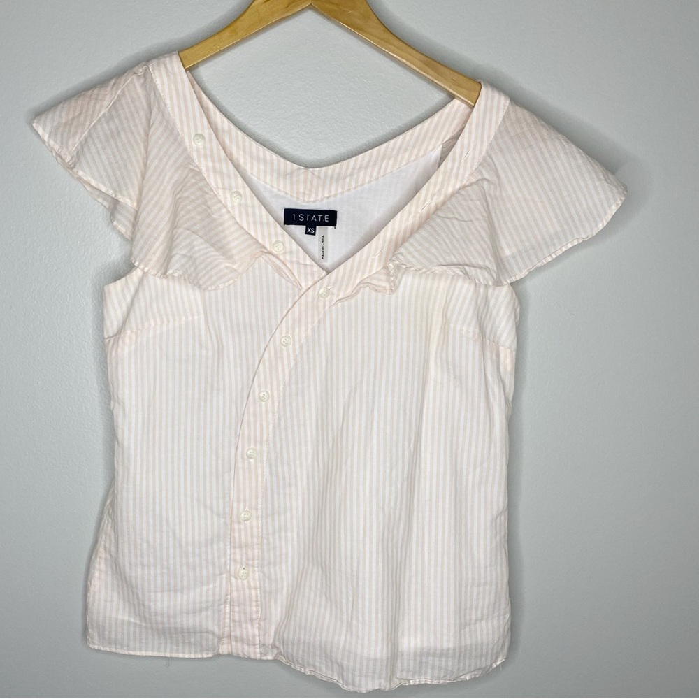 1. State Womens Pink Stripe V-Neck Short Sleeve Button Front Blouse